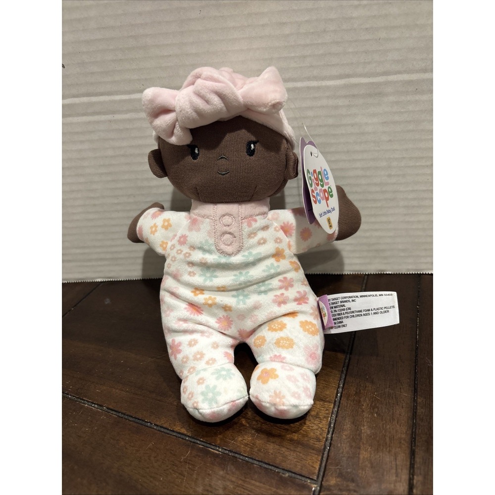 NEW WITH TAG Giggle Scape Plush Baby Doll Brown Girl Floral Soft‎ Lovey Pink
